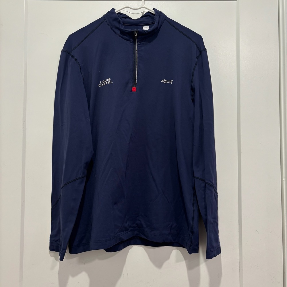 Louis Castel Mens Navy Blue‎ Quarter Zip Golf Pullover Dachshund Logo Size L